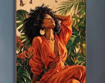 Serene Woman Art Print: Boho Tropical Garden with Monarch Butterflies