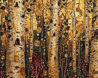 Gustav Klimt Birch Forest Art Print - Vibrant Gold Leaf Style Landscape