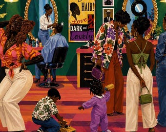 Vibrant Salon Scene Art Print, Kerry James Marshall Style Black Culture Poster