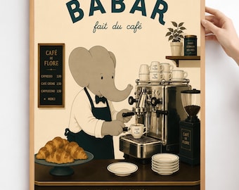 " Babar der Elefant ""Fait du Café"" Kunstdruck - Vintage Französischer Kaffee Poster."