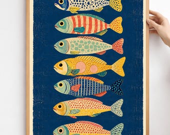 Buntes Fischposter – Skandinavische Volkskunst mit Meeresmotiven – Retro-Wanddeko im maritimen Stil für die Küche – Vintage-Küstenkunst