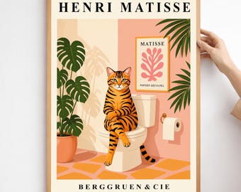 Serious Tabby Cat on Toilet Art Print: Funny Matisse Style Bathroom Wall Art