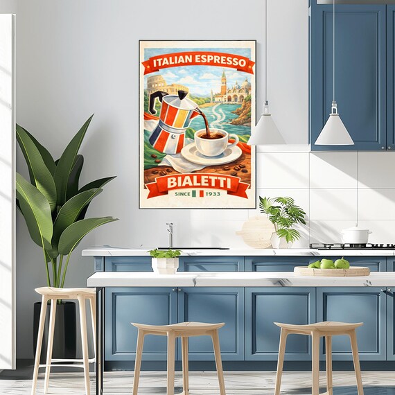 Vintage Bialetti Coffee Poster - Italian Espresso Art Print - Retro Moka Pot Wall Decor