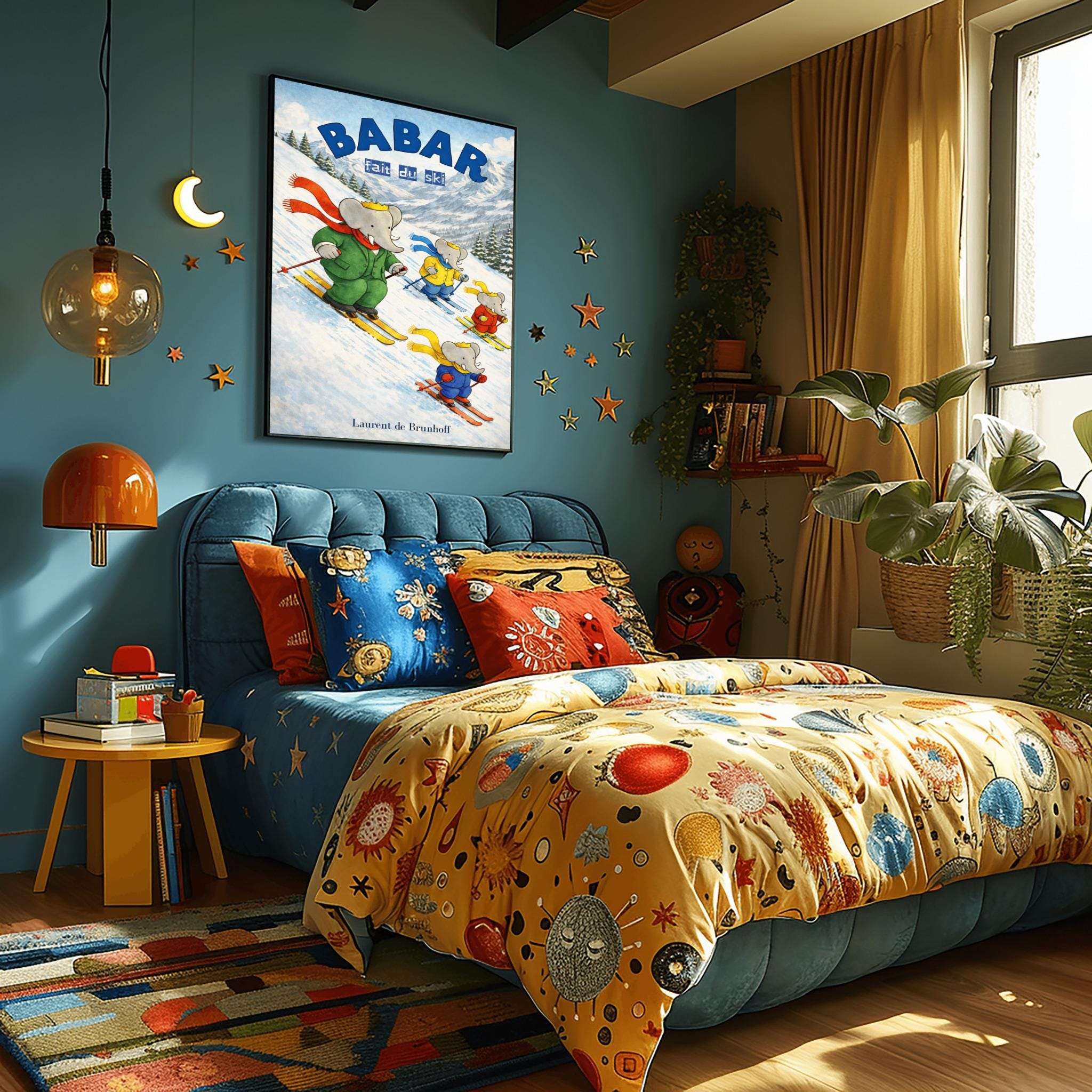 Babar Skiing Poster, Kids Room Art, Winter Scene (laurent De