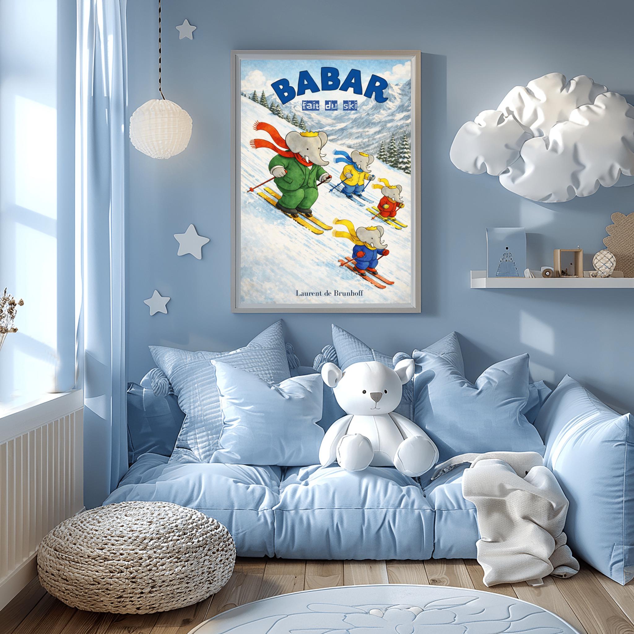 Babar Skiing Poster, Kids Room Art, Winter Scene (laurent De