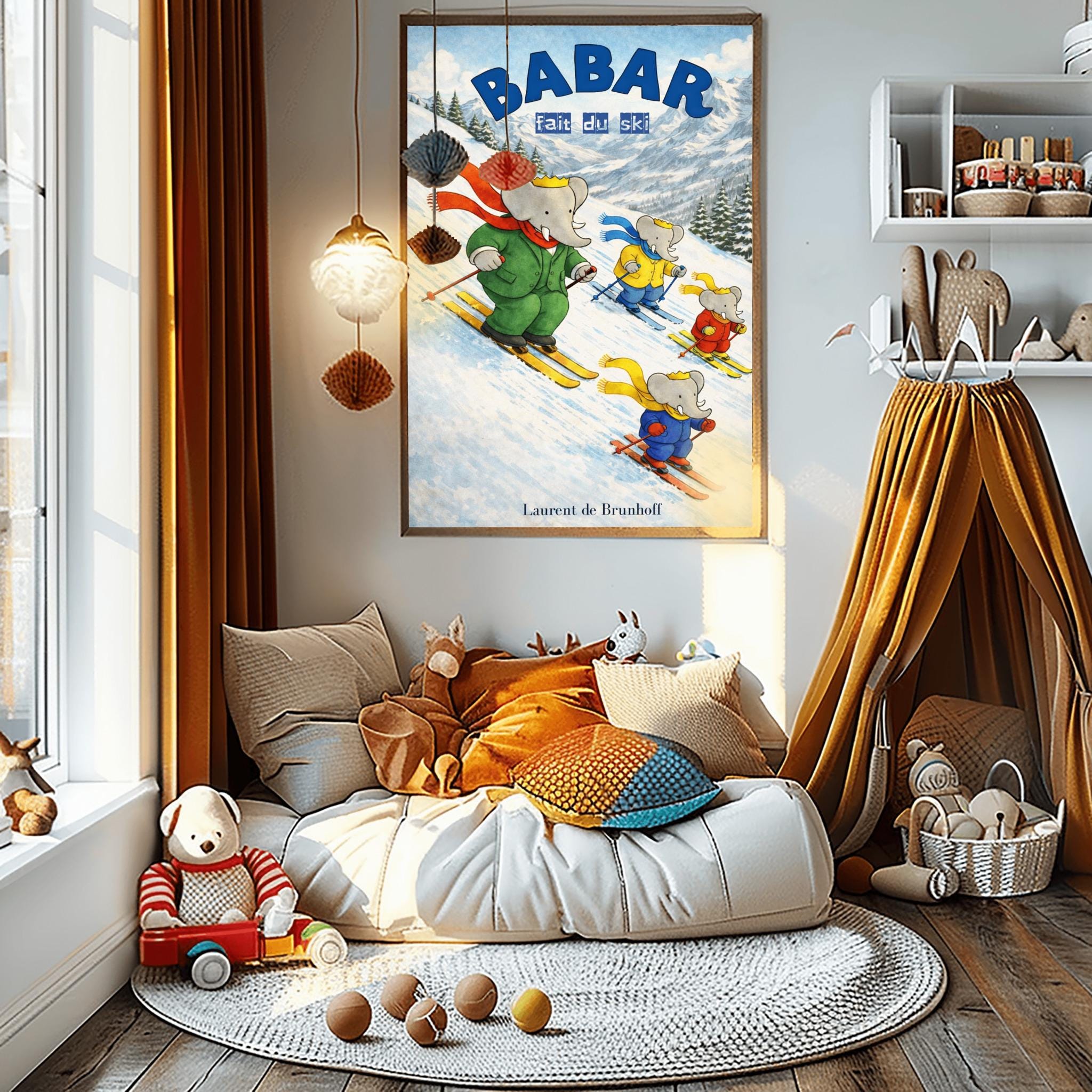 Babar A La Neige 1986年/ジャン ド ブリュノフ/ポスター Babar Skiing Poster, Kids Room Art, Winter Scene (laurent De