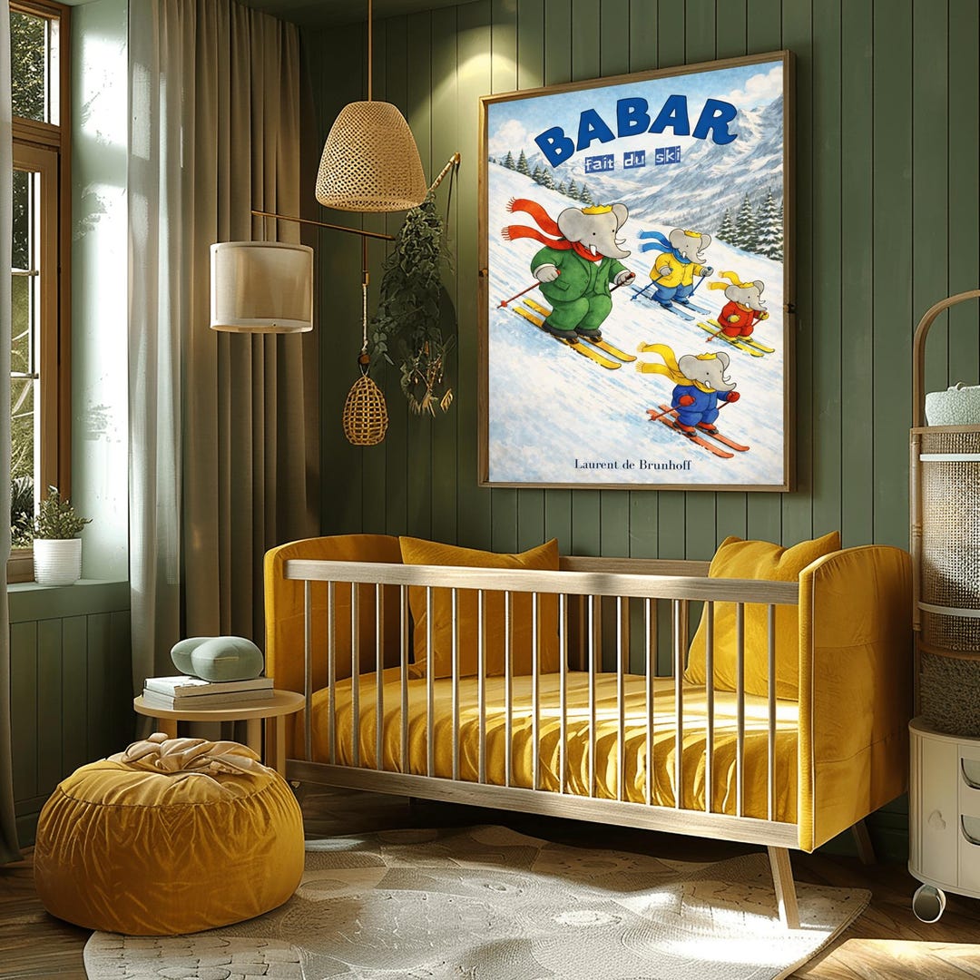 Babar Skiing Poster, Kids Room Art, Winter Scene (laurent De