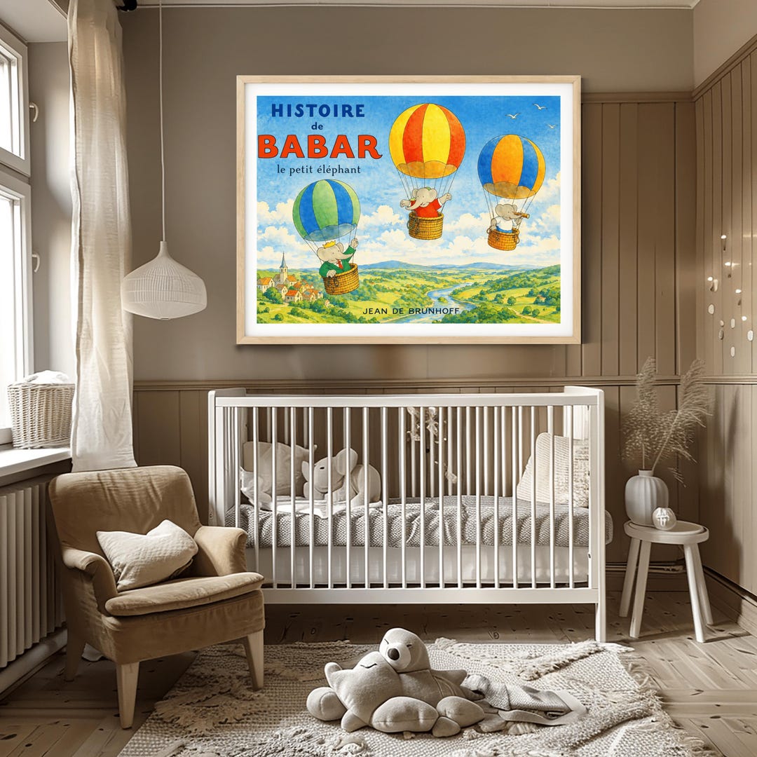 Babar the Elephant Hot Air Balloon Art Print - Vintage French