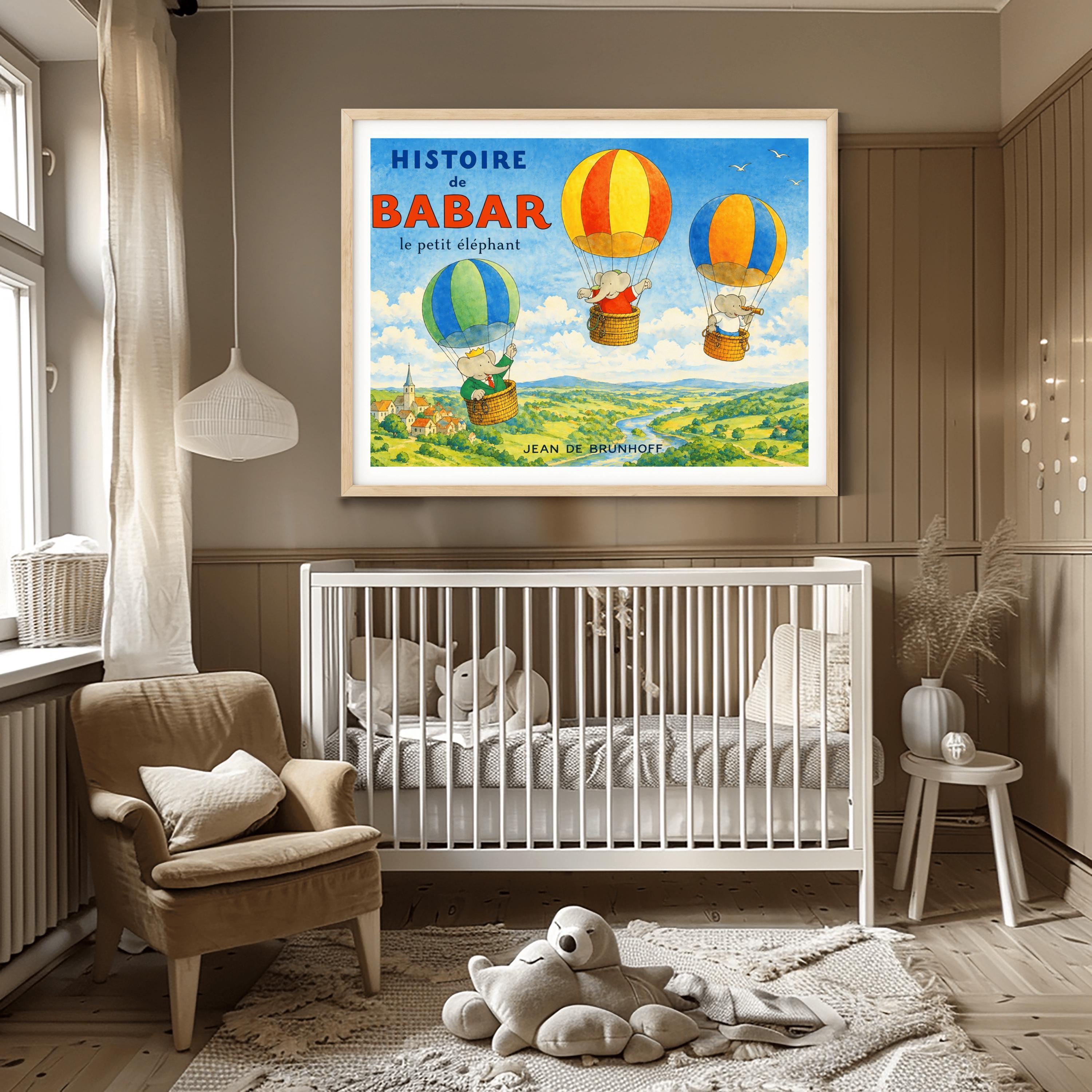 Babar the Elephant Hot Air Balloon Art Print - Vintage French