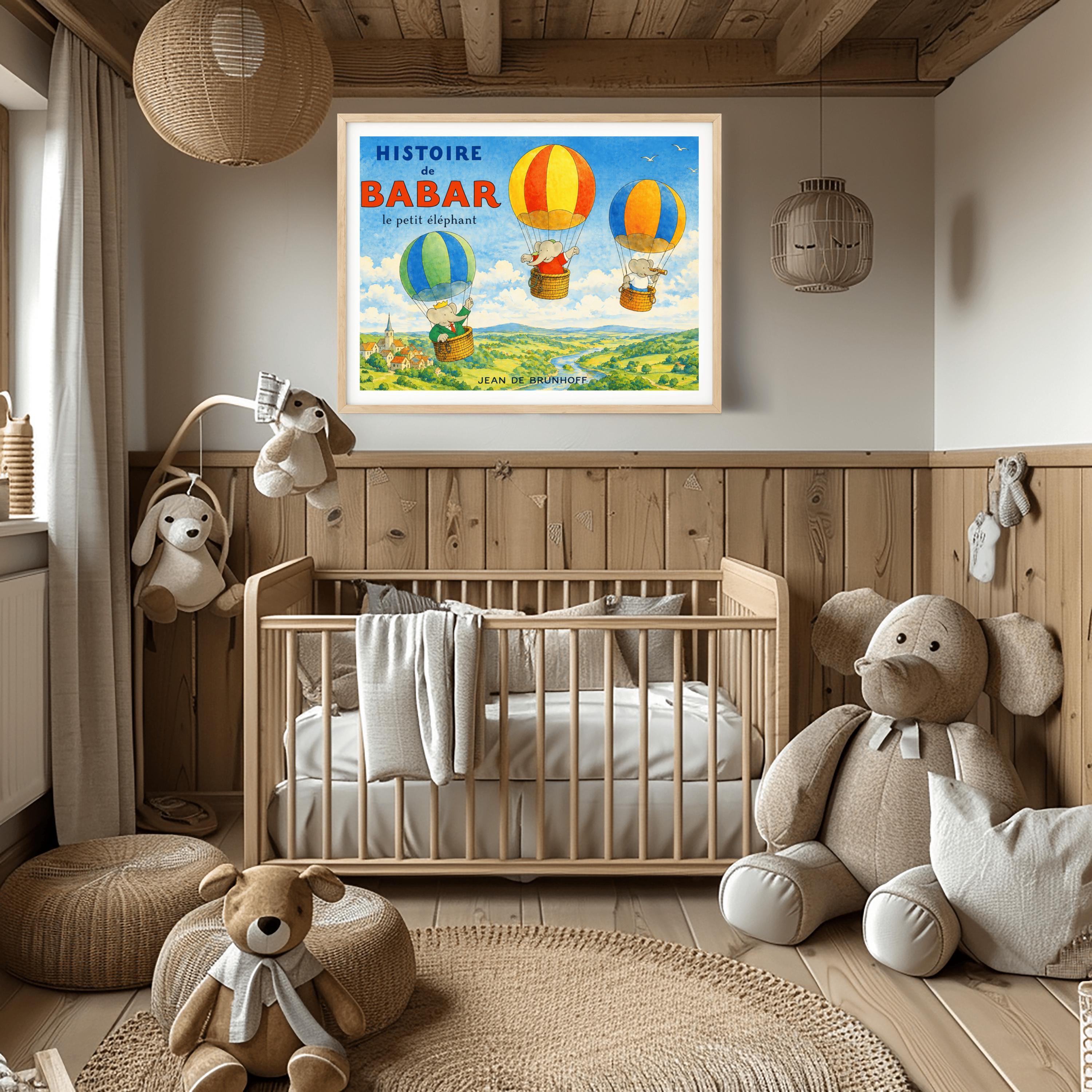 Babar the Elephant Hot Air Balloon Art Print - Vintage French