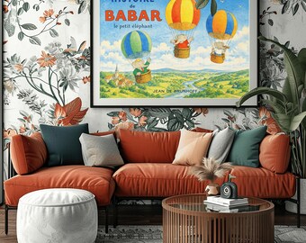 Babar the Elephant Hot Air Balloon Art Print - Vintage French