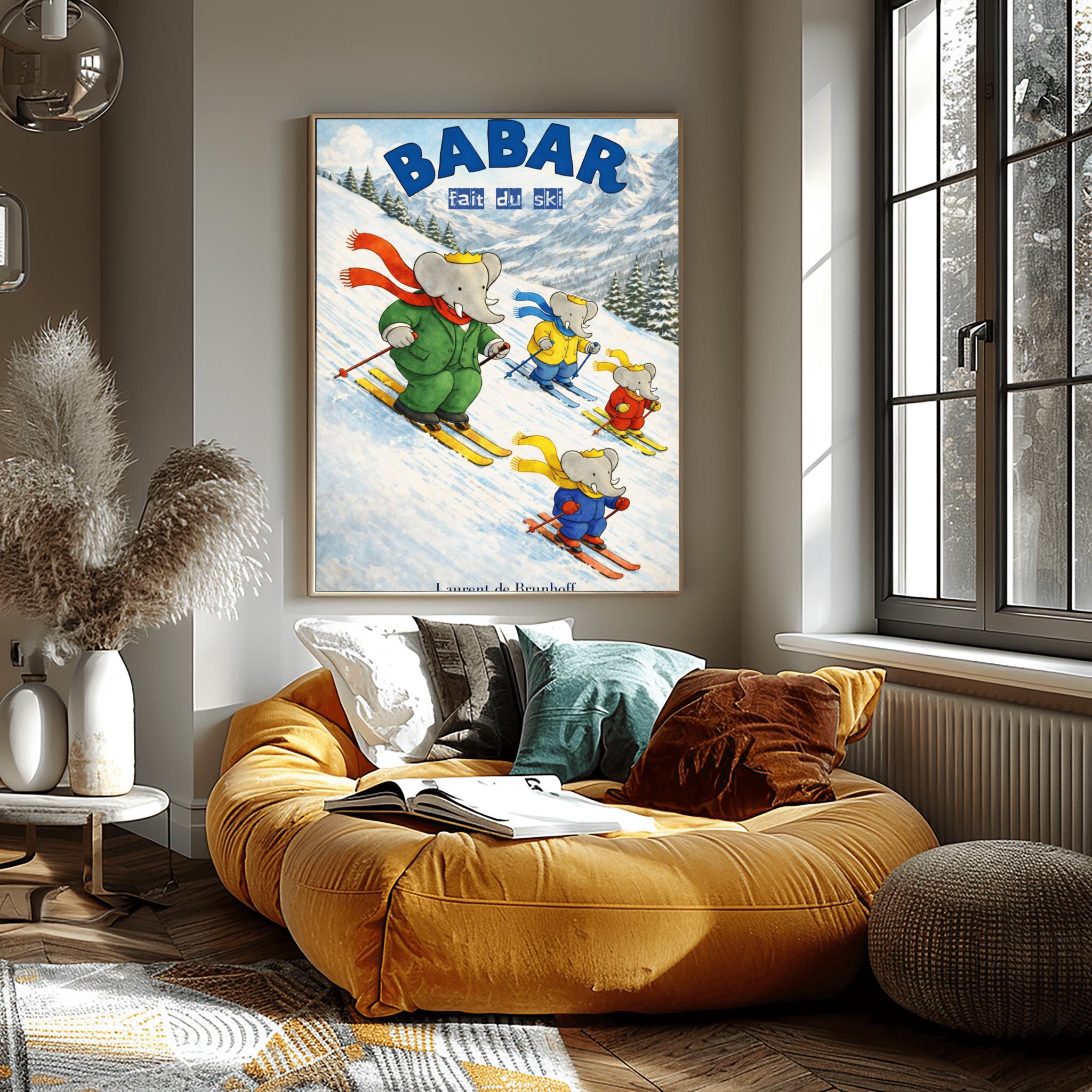 Babar Skiing Poster, Kids Room Art, Winter Scene (laurent De