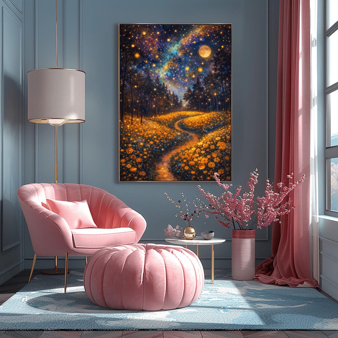 Gustav Klimt Midnight Meadow Print: Golden Wildflowers and Starry