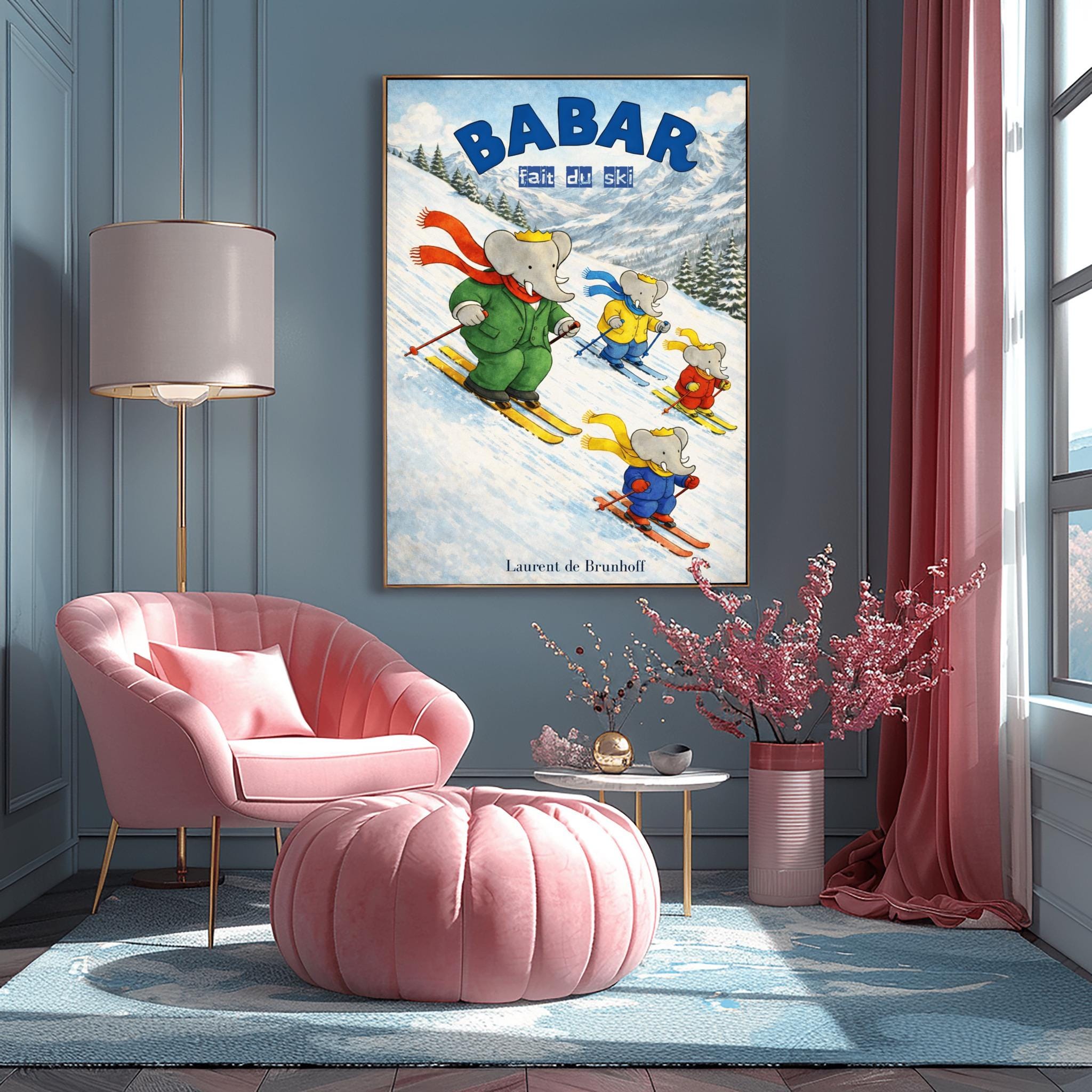 Babar Skiing Poster, Kids Room Art, Winter Scene (laurent De