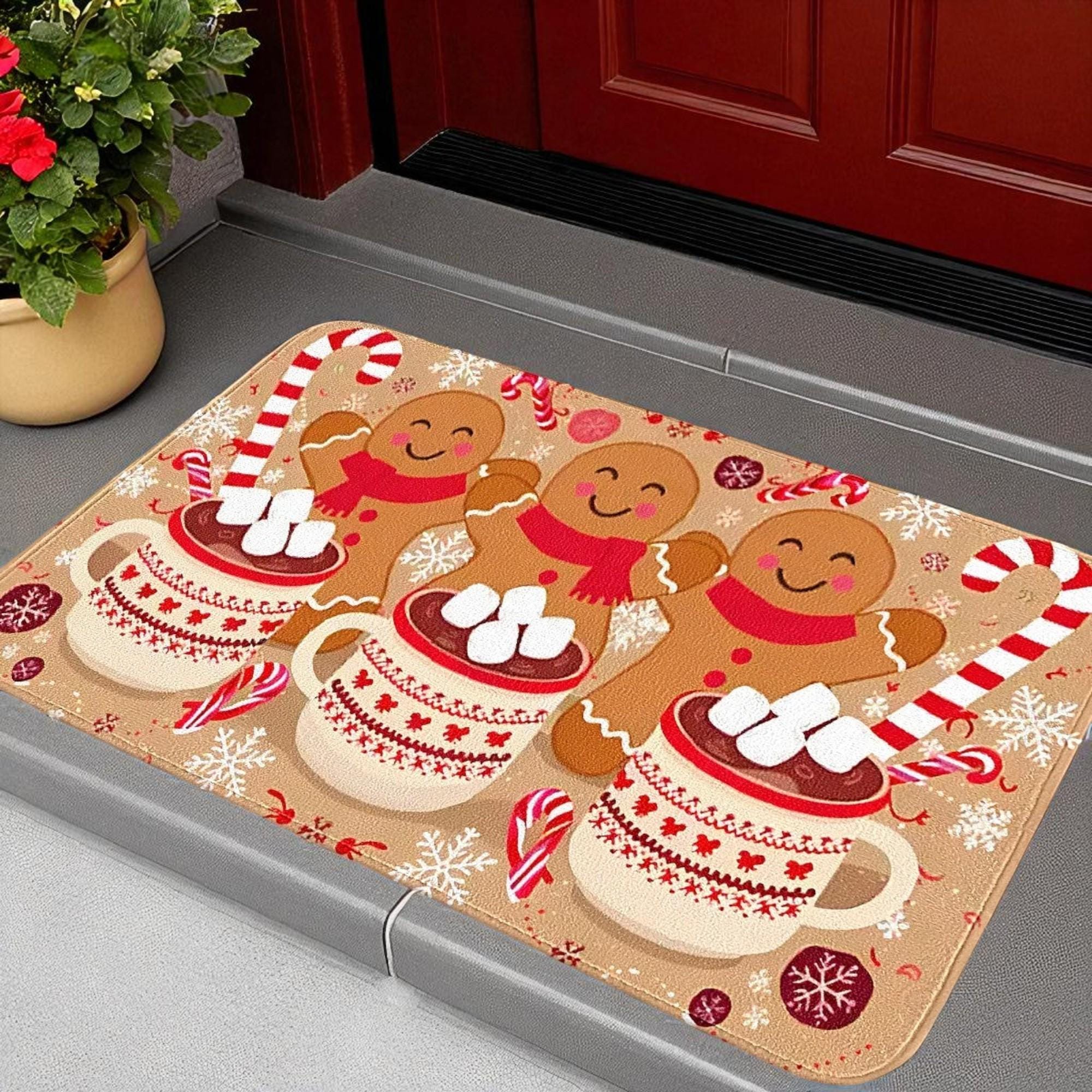 2-Piece Christmas Gingerbread Mat Set - Festive Kitchen Rugs With Gingerbread Man & House Design, Indoor/Outdoor Holiday Decor