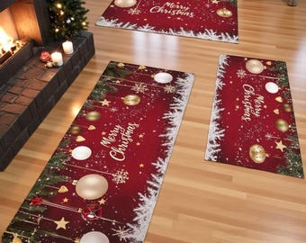 Christmas Doormat, Red Holiday Rug, Festive Entry Mat, Merry Xmas Floor Decor, Seasonal Kitchen Rug, Winter Hallway Runner