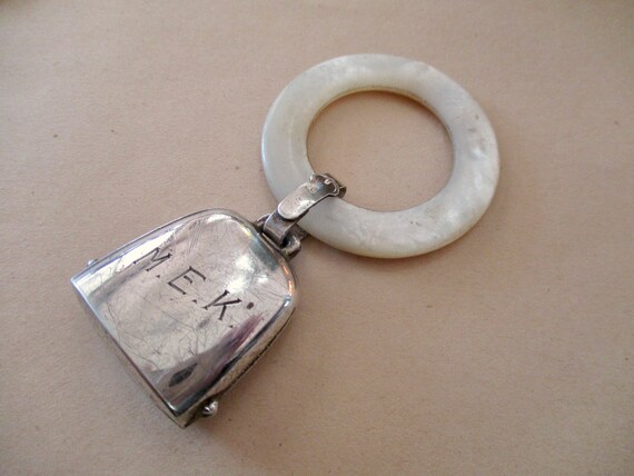 vintage sterling and MOP antique baby teething ring and rattle, engraved