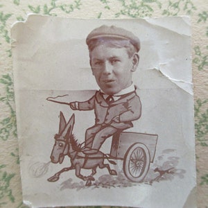 small antique photo - man riding a donkey cart, antique arcade, humorous, cartoon, caricature, identified