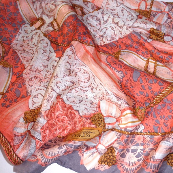 large vintage Express silk scarf - hand rolled, lace, peach, gray, bows, ribbon
