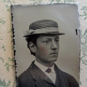 antique miniature gem tintype photo - 1800s, man with straw hat, tinted cheeks