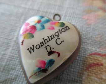 vintage Washington, D.C., mother of pearl heart locket -  hand painted, flowers, valentine, love