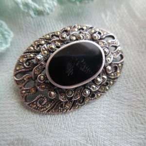 vintage sterling silver brooch - victorian, onyx, marcasites, black, pin
