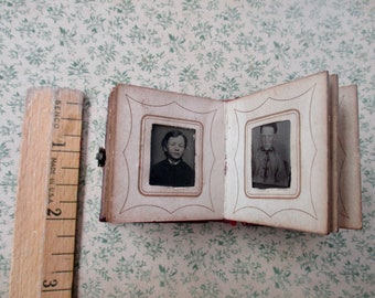 antique miniature gem tintype fairy album -  1800s, 18 gem tintypes, tiny album