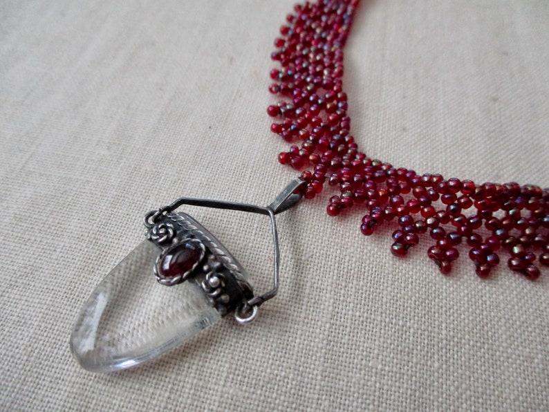 seed beads choker necklace sterling silver garnet cabochon quartz pendant 15 vintage