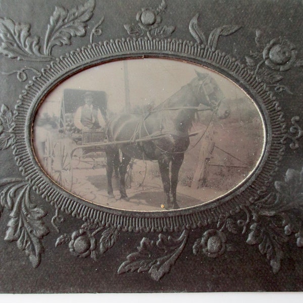antique tintype - man with horse and buggy, floral embossed paper frame