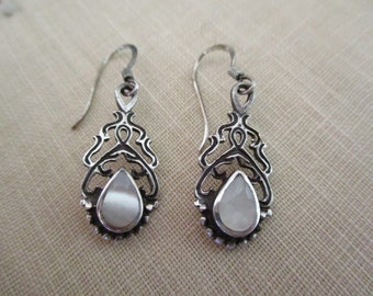 mother of pearl sterling silver earrings - tear drop, pierced, vintage