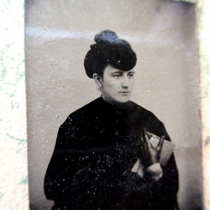 antique miniature gem tintype photo - 1800s, woman dressed in black, wearing black gloves, mourning, holding a book
