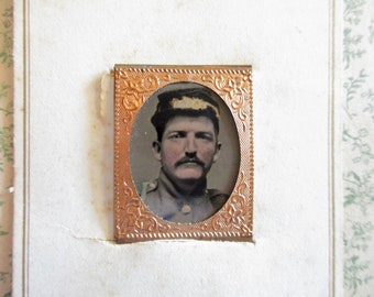 antique miniature gem tintype photo - 1800s, Civil War handsome soldier in uniform, mustache, tinted cheeks, gold frame