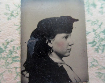 antique miniature gem tintype photo - 1800s, profile of a young woman, tinted cheeks