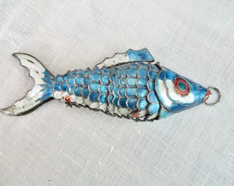 vintage 4 1/2" sterling silver and enameled articulated fish pendant, moves, large