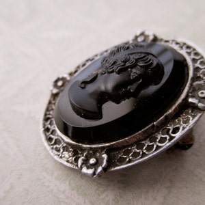 antique sterling silver brooch victorian, black, mourning, cameo image 1