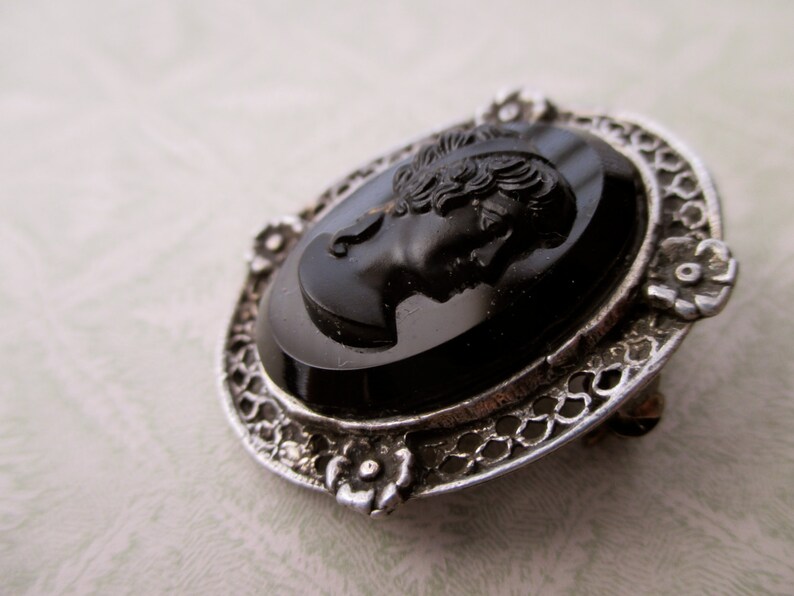 antique sterling silver brooch victorian, black, mourning, cameo image 1
