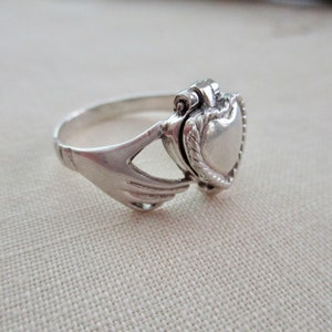 sterling silver ring with hidden compartment - poison ring, Irish, claddagh, size 6