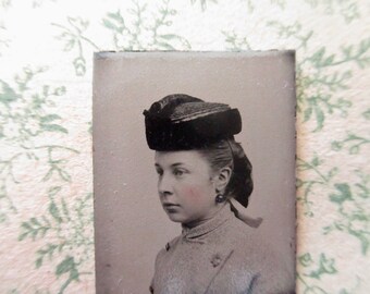 antique miniature gem tintype photo - 1800s, profile of a woman with hat, tinted cheeks