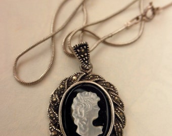 vintage sterling silver cameo with 20" sterling snake chain- mother of pearl, marcasites