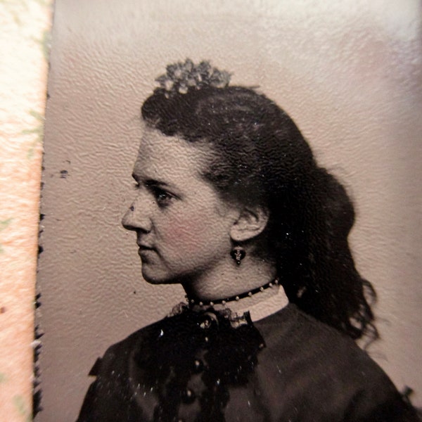 antique miniature gem tintype photo - 1800s, profile of a young woman wearing a choker, curly hair, tinted cheeks