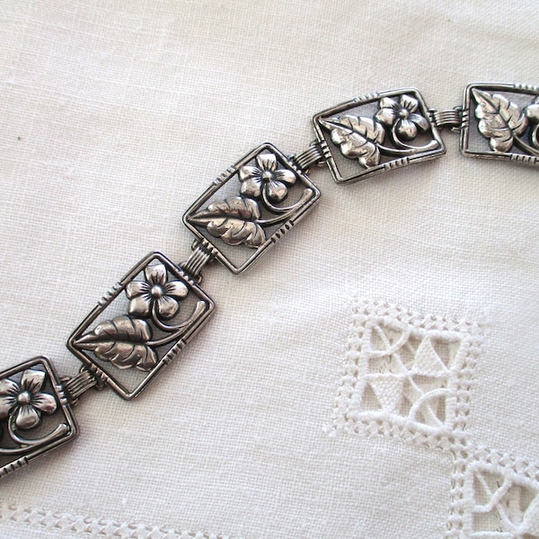 Pulsera de panel de eslabones Danecraft de plata de ley de los años 50 - floral, diseño elevado, 925