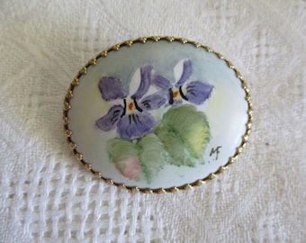 hand painted porcelain brooch - purple iris, floral, flowers, vintage