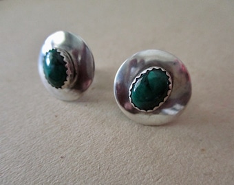 vintage sterling silver earrings with malachite cabochons - pierced, southwest