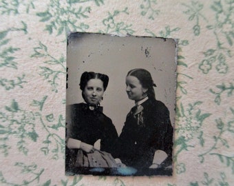 antique miniature gem tintype photo - 1800s, sisters, friends, two affectionate women, smiling, sitting