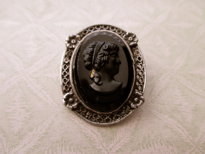 antique sterling silver brooch victorian, black, mourning, cameo image 4