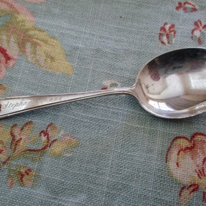 1950s sterling silver baby spoon - engraved, floral, daisy, vintage, Stephanie Anne