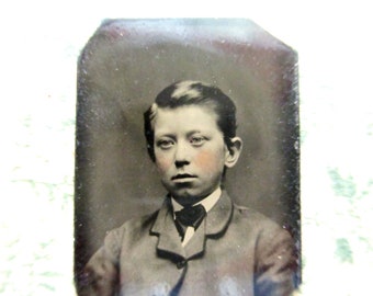 antique miniature gem tintype photo - 1800s, cute young boy, well dressed, tinted cheeks