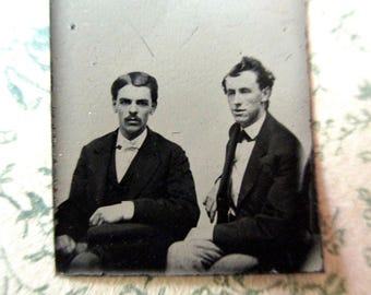 antique miniature gem tintype photo - 1800s, two men sitting together, mustache