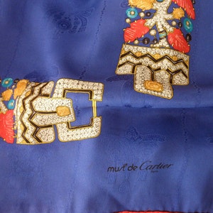 Cartier vintage blue silk scarf- hand rolled, Paris, jewels, 34", FREE SHIPPING