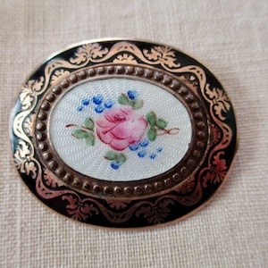 vintage enameled guilloche brooch - oval, gold, black, white, pink
